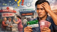 Ilustrasi warga memegang kartu BPJS Kesehatan dan uang rupiah dengan latar rumah sakit, menggambarkan keluhan layanan BPJS sulit diakses meski sudah bayar