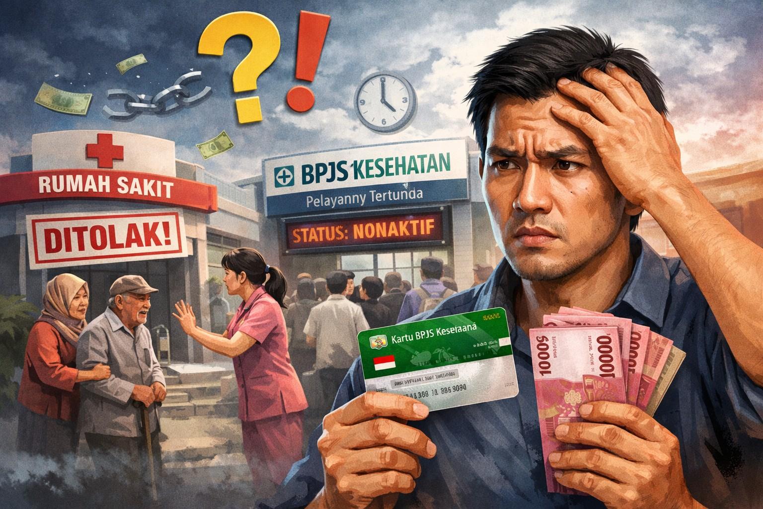 Ilustrasi warga memegang kartu BPJS Kesehatan dan uang rupiah dengan latar rumah sakit, menggambarkan keluhan layanan BPJS sulit diakses meski sudah bayar