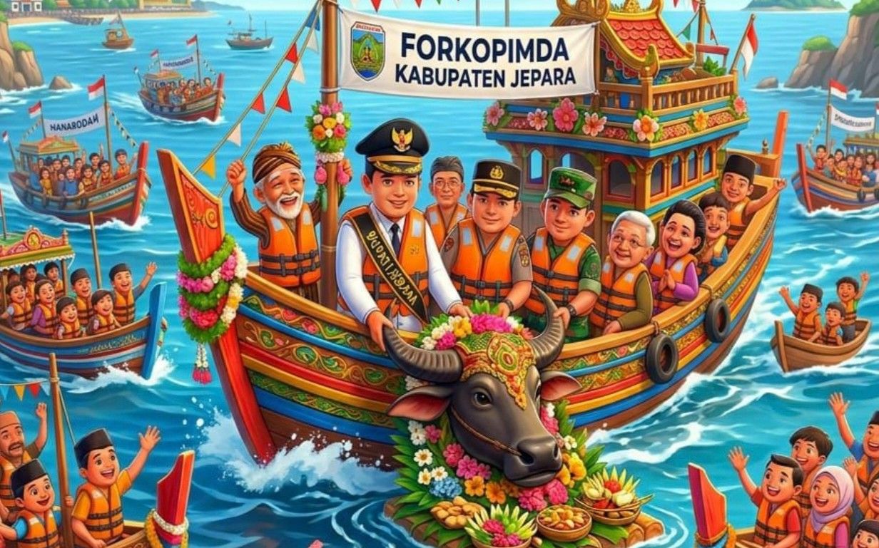 Suasana lomban kupatan Jepara 2026 di Pantai Teluk Awur dengan perahu nelayan dan pengunjung